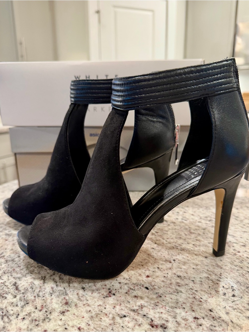 White House Black Market Black Suede Peep-Toe Ankle Strap Heels